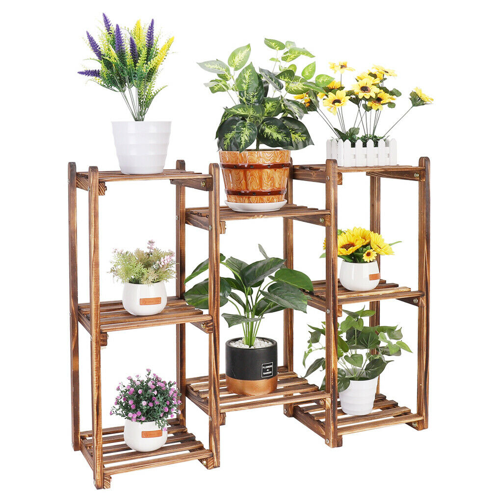 Premium Wood Plant Stand Carbonized 8 Tiered Corner Plant Rack Garden Tall Shelf