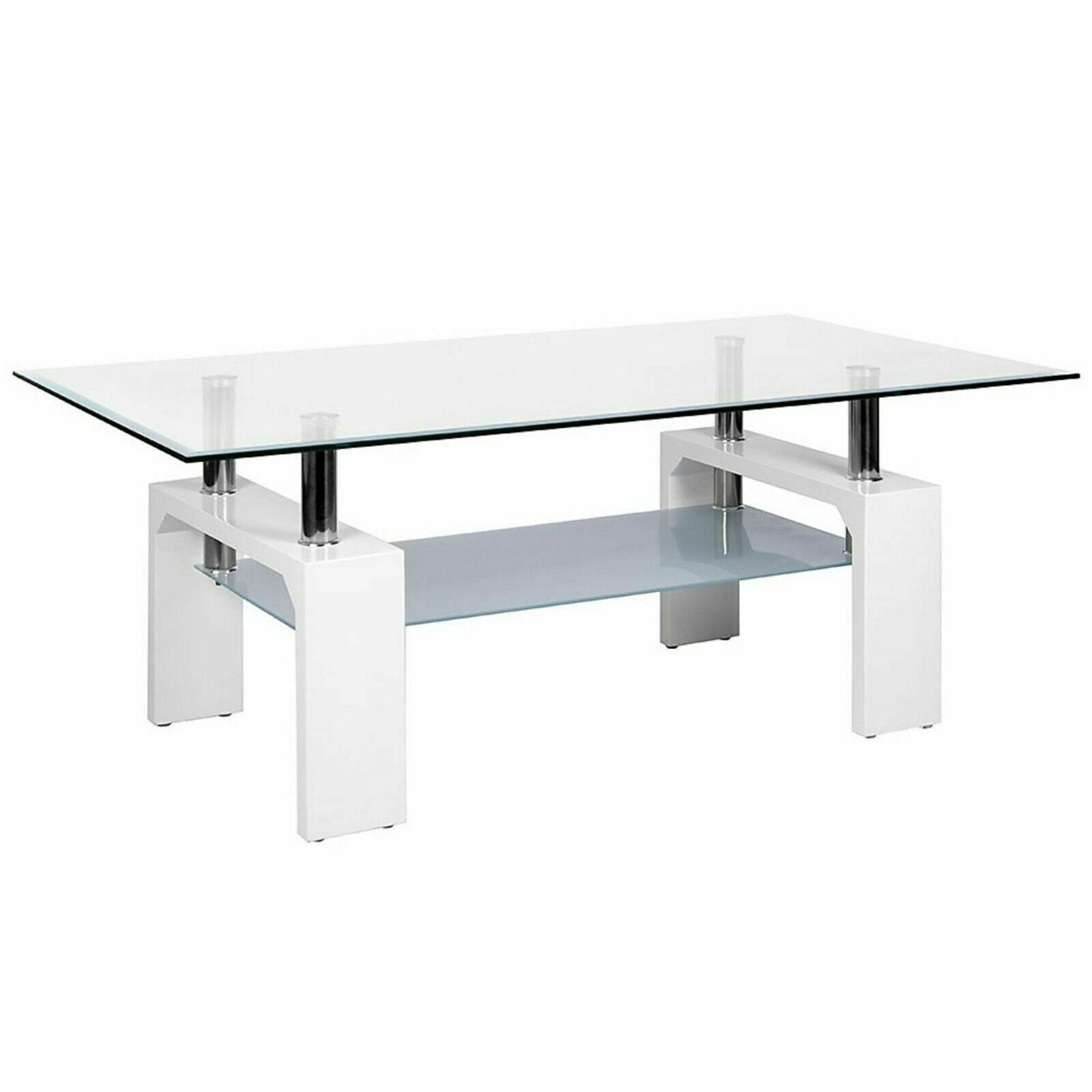 Rectangle Glass Coffee Table Modern Living Room Furniture Top Lower Shelf Chrome