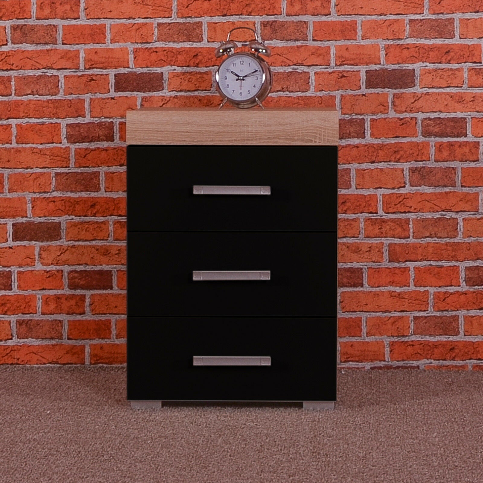 3 Drawer Black & Sonoma Oak Bedside Cabinet Table 3 Draw Chest Bedroom Furniture
