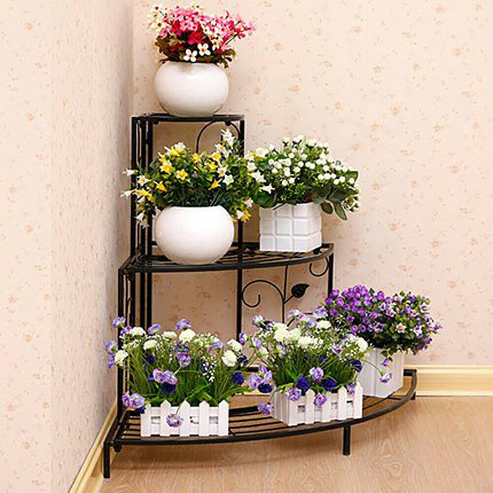 3 Tier Metal Plant Shelf Flower Pot Holder Stand Corner Storage Rack Home Garden
