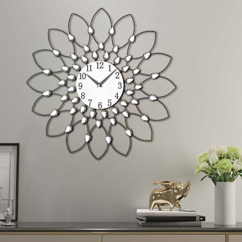 50cm Clear Diamante Beaded Jewelled Black Metal Spike Sunburst Wall Clock UK