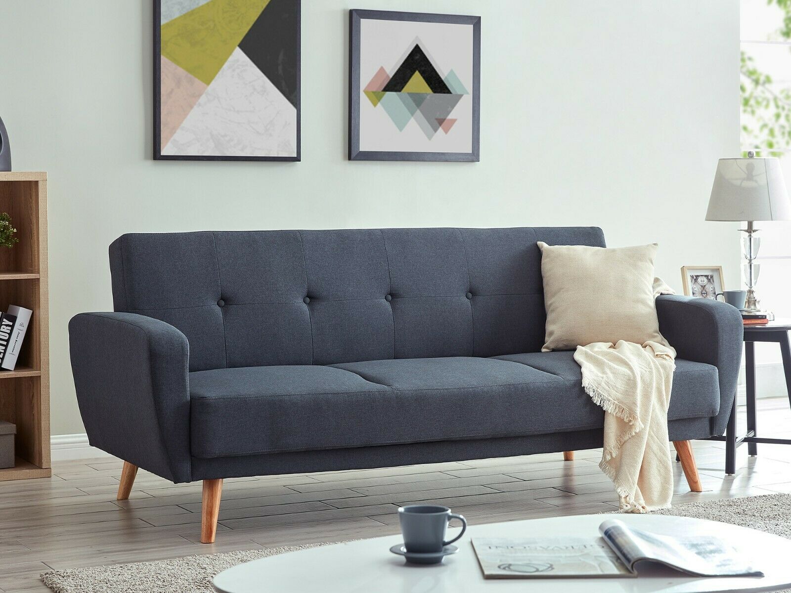 3 Seater Sofa Bed Charcoal Fabric Wooden Legs Cushioned Comfortable Sofabed