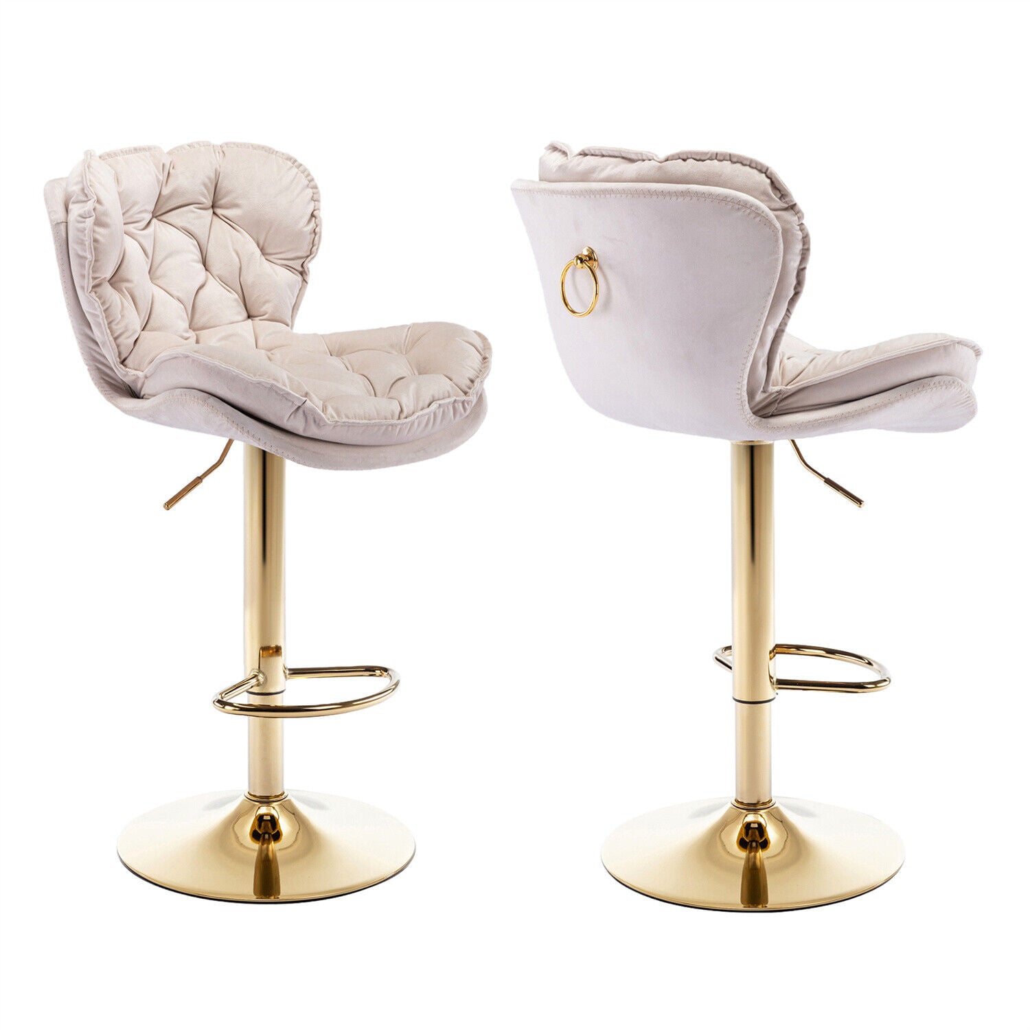 Set of 2 Velvet Bar Stools Adjustable Height Swivel Tufted Pub Bar Chairs HT