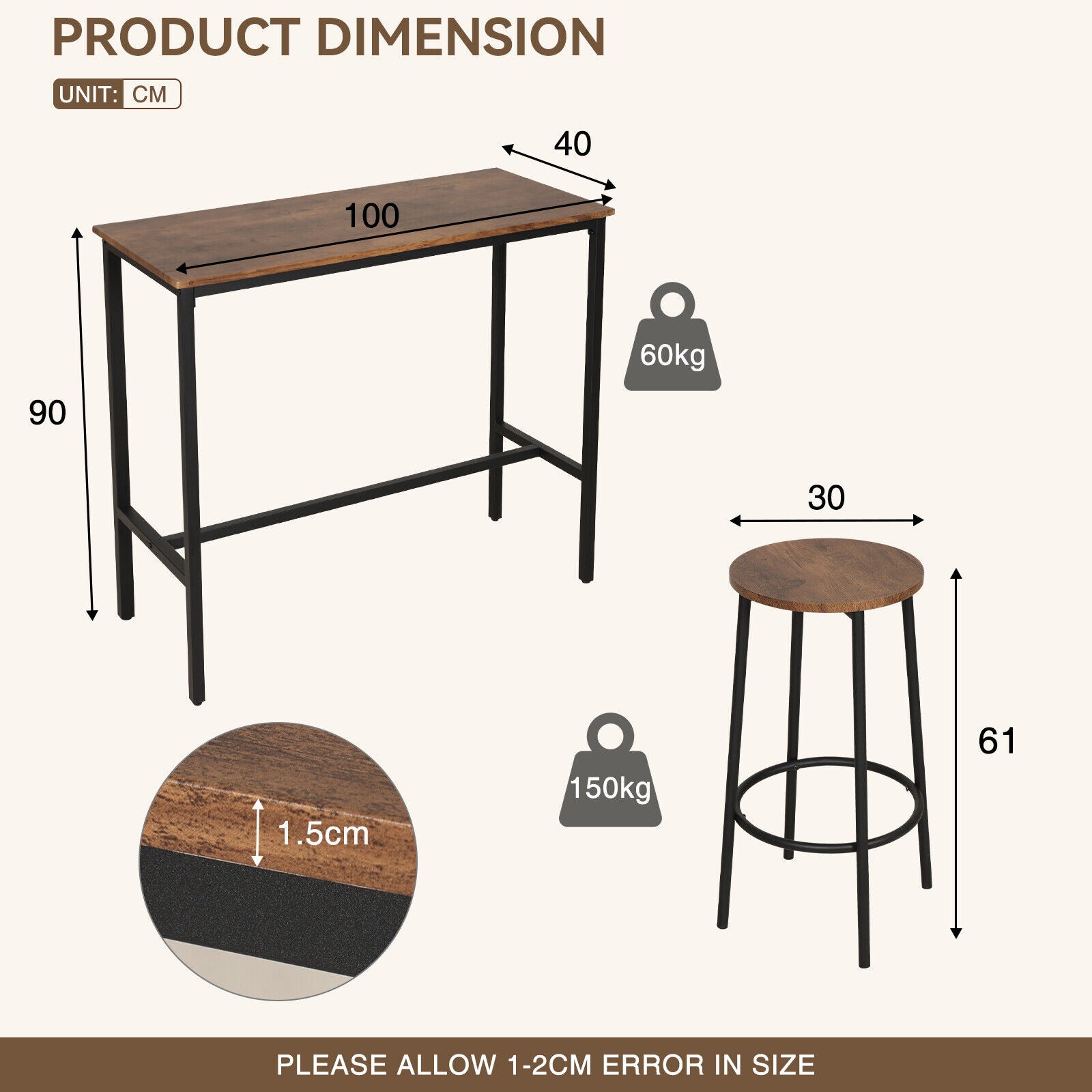 Bar Table and Stools Dining Set Industrial Metal Frame Kitchen Dining Table Set