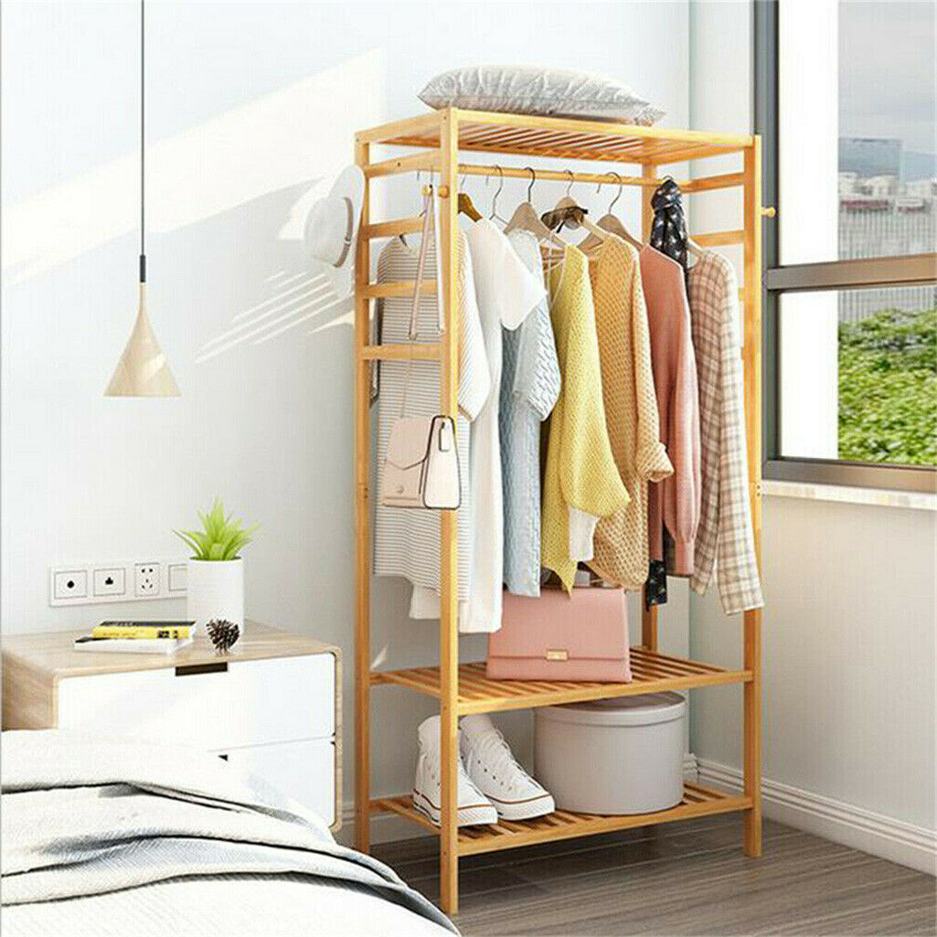 2 in 1 Garment Rail Wooden Clothes Rack Stand Shoes Rack With Coat Hat Side Hook