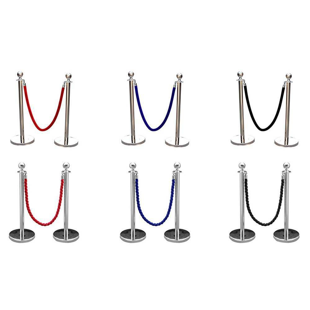 2pc Polished Steel Queue Rope Barrier Velvet Rope Stanchion Posts Stands 3 color