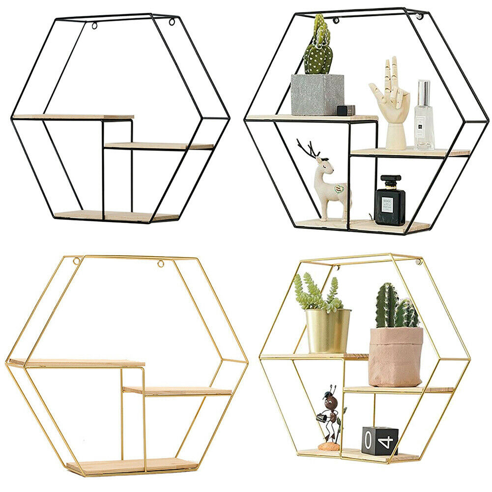 3 Wooden Shelves Metal Wall Mounted Hexagon Shelf Wire Display Storage Rack Unit