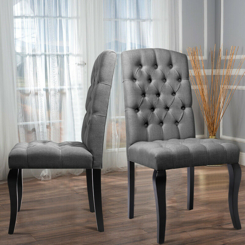 2x Luxury Button Fabric Dining Chairs High Back Chesterfield Style Oak Wood Legs