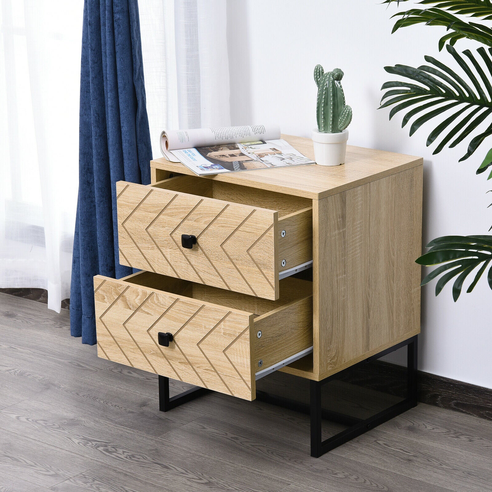Bedside Table Unit Unique Zig Zag Design w/ Black Metal Handles Melamine