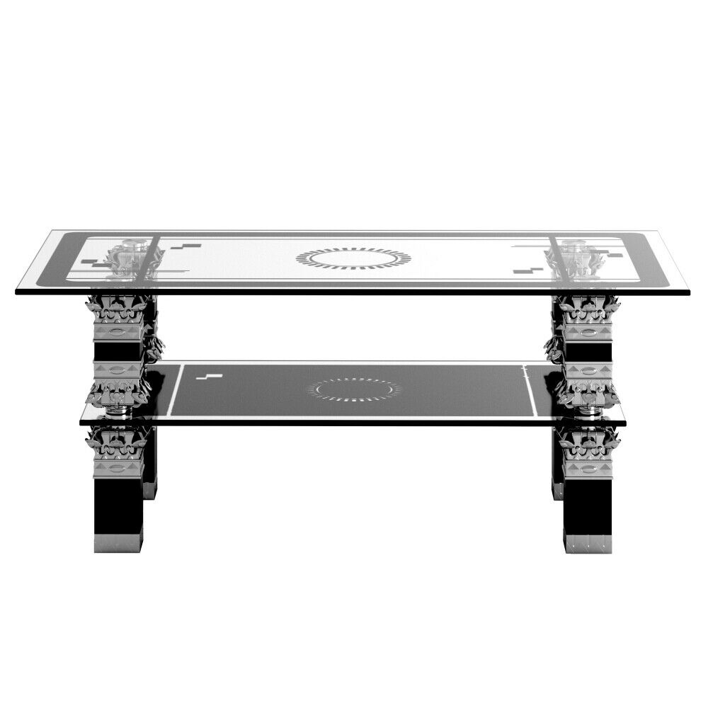 Glass Living Room Coffee Table With Lower Shelf Black Modern Rectangle Tea Table