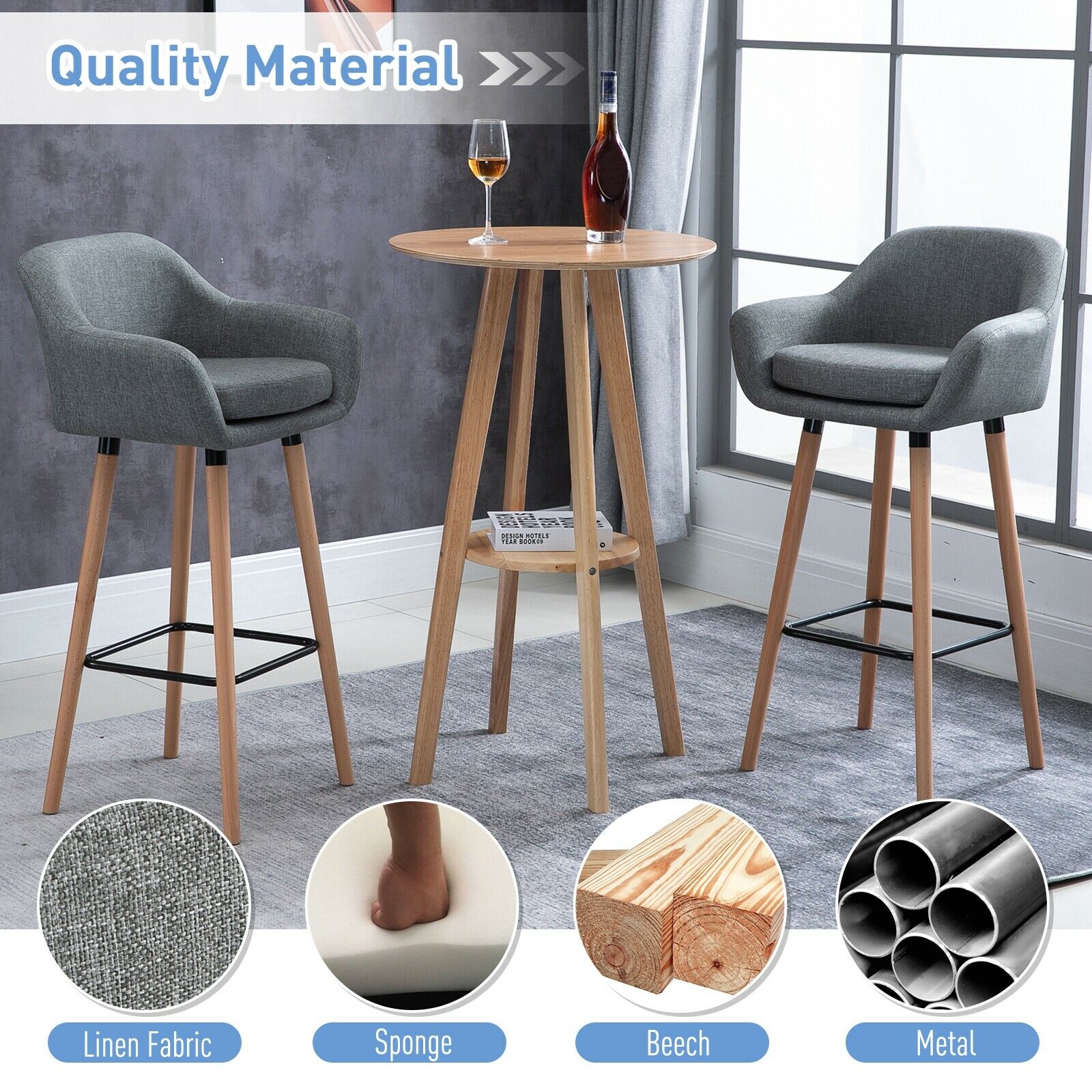 2 PCs Modern Upholstered Fabric Bucket Seat Bar Stools w/ Wood Legs Grey