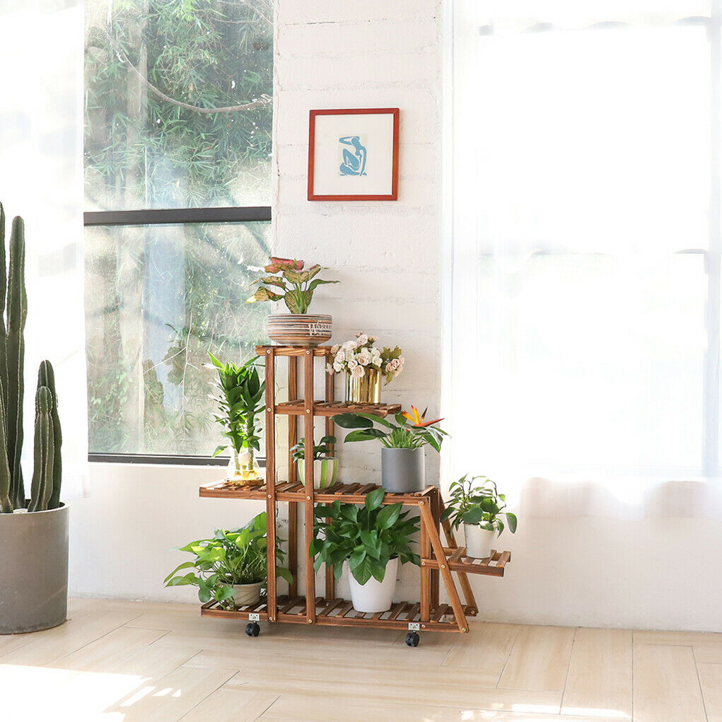 Pinewood Solid Plant Stand Shelf MULTI TIER Flower Pots Storage Display Wheeled