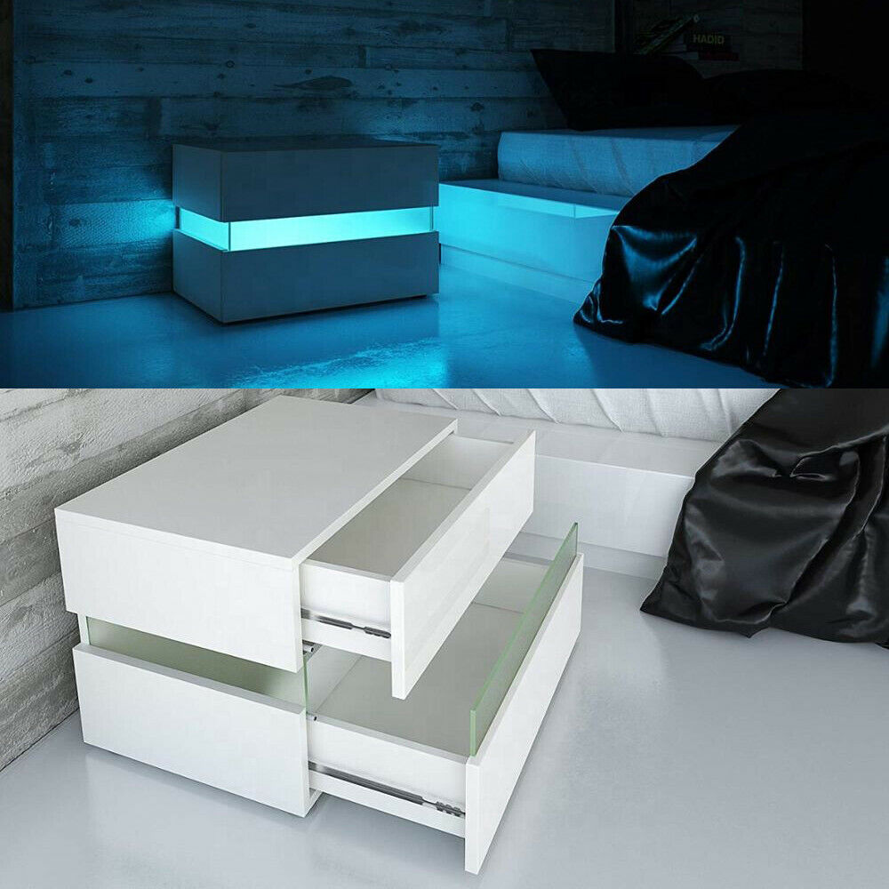 High Gloss Bedside Table Nightstand Chest Cabinet Unit with Drawers LED Lighting