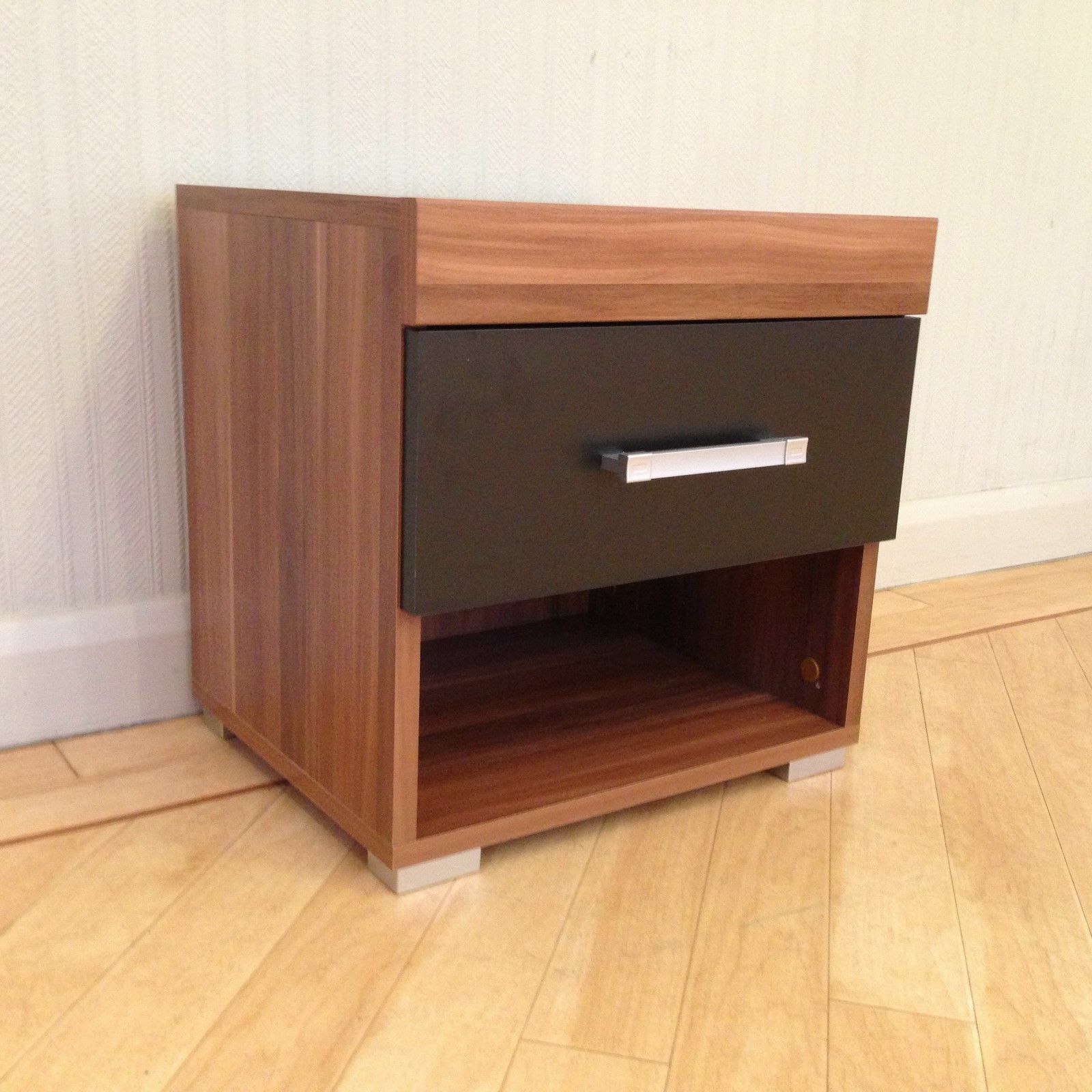 Black & Walnut Bedside Table / Cabinet with 1 Drawer Bedroom Furniture *NEW*