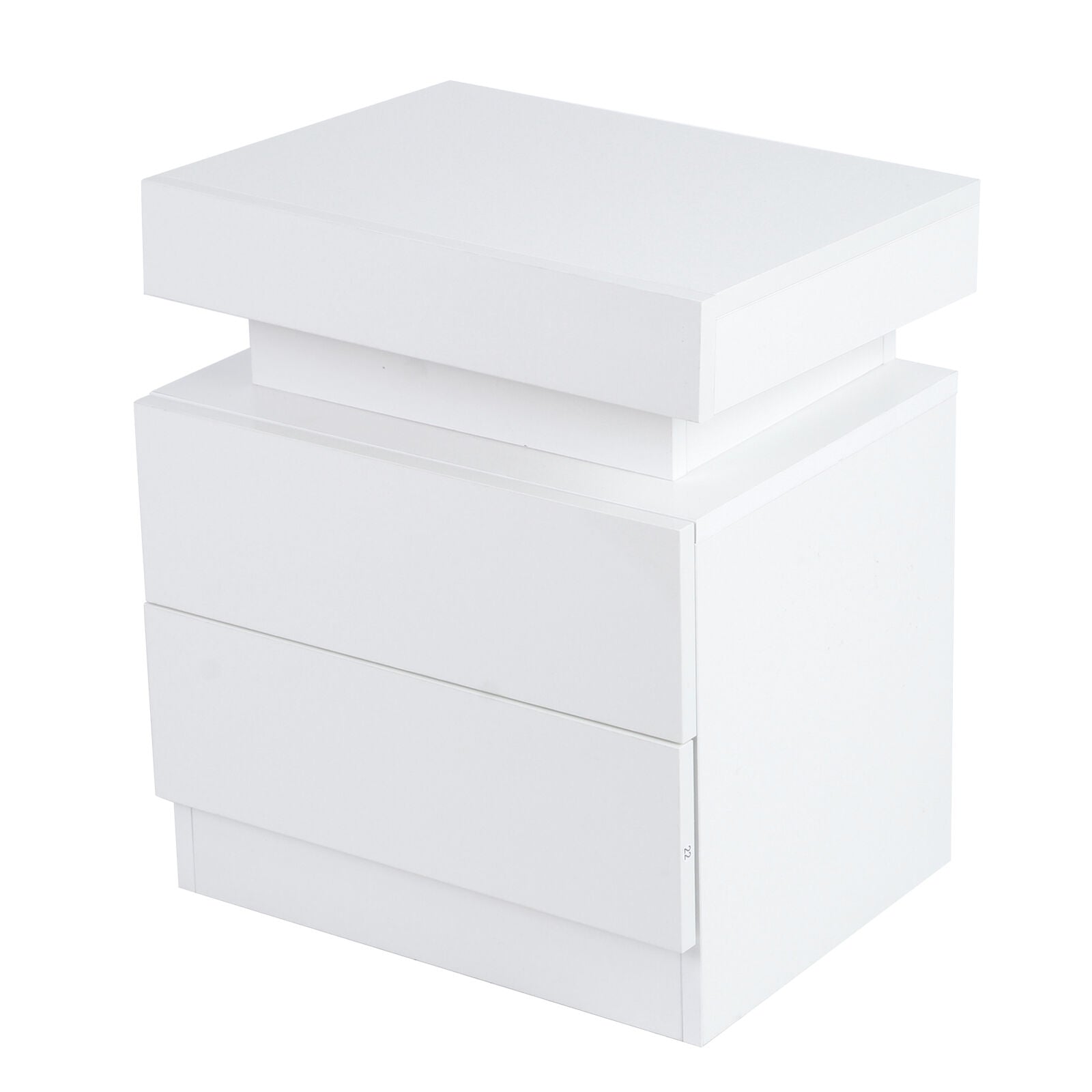 White LED Light Bedside Table Nightstand Cabinet High Gloss 2 Drawers Flip Cover