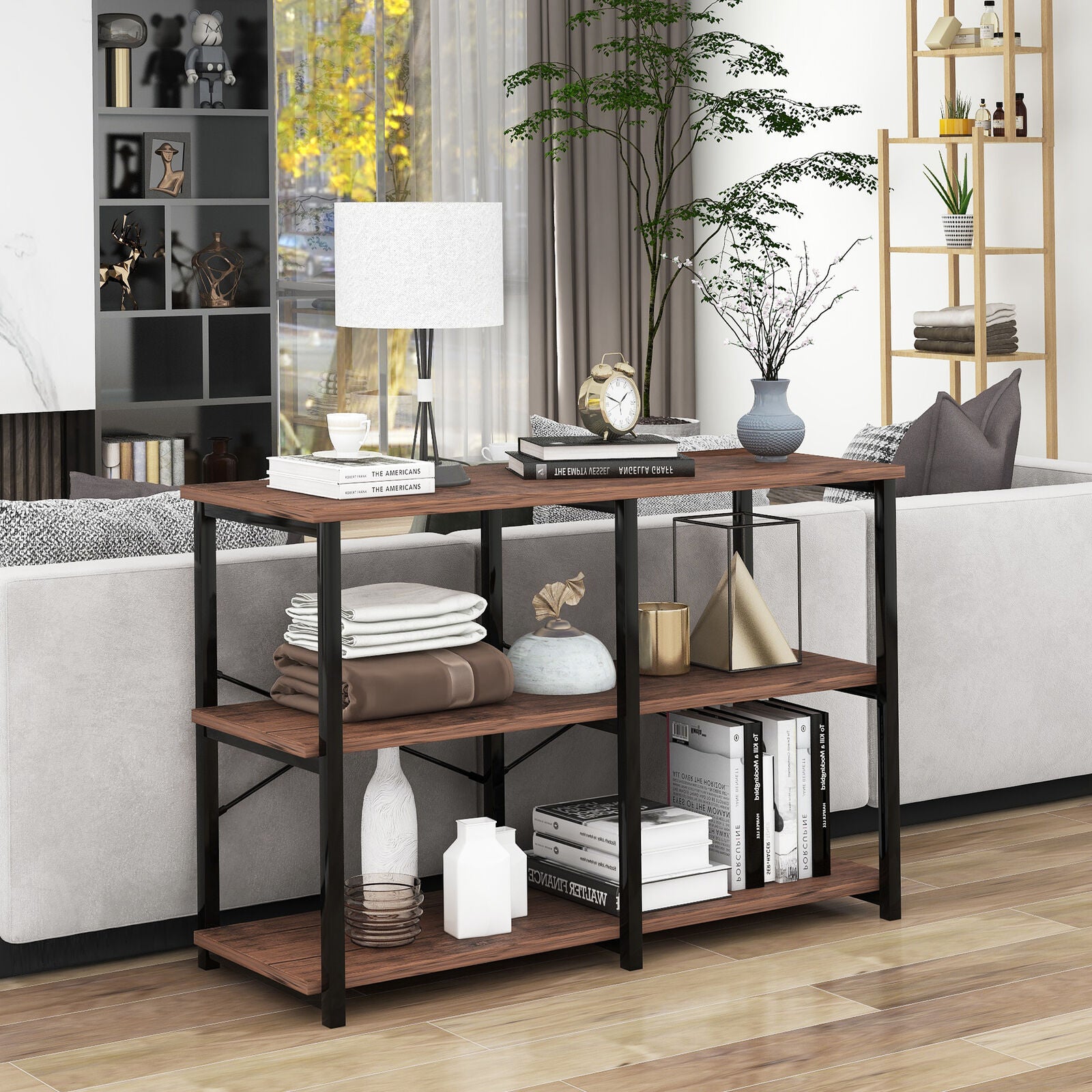 3-Tier Console Table Wodd Sofa Table Steel Frame Industrial Storage Shelf Brown