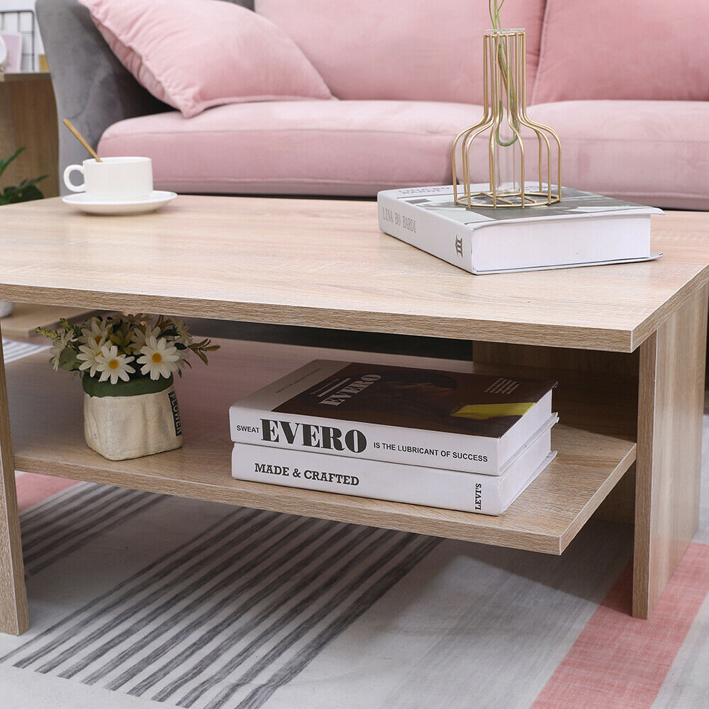 Oak 2 Tier Coffee Table Open Shelf Living Room Furniture Storage Cabinet