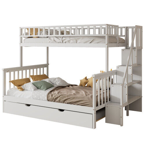 3ft & 4ft6 Kids Wooden Bunk Beds with Stairs and Pull Out Trundle Bed Frame HT