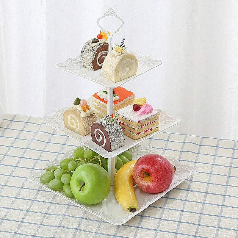 3 Tier Plastic Square/Round Cake Stand Afternoon Tea Wedding Party Tableware