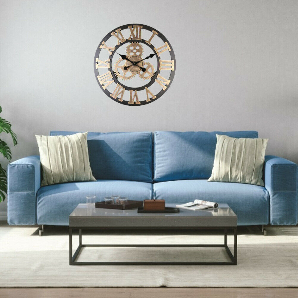 60cm Large Roman Numerals Wall Clock Indoor Outdoor Steampunk Cog Gear Clock