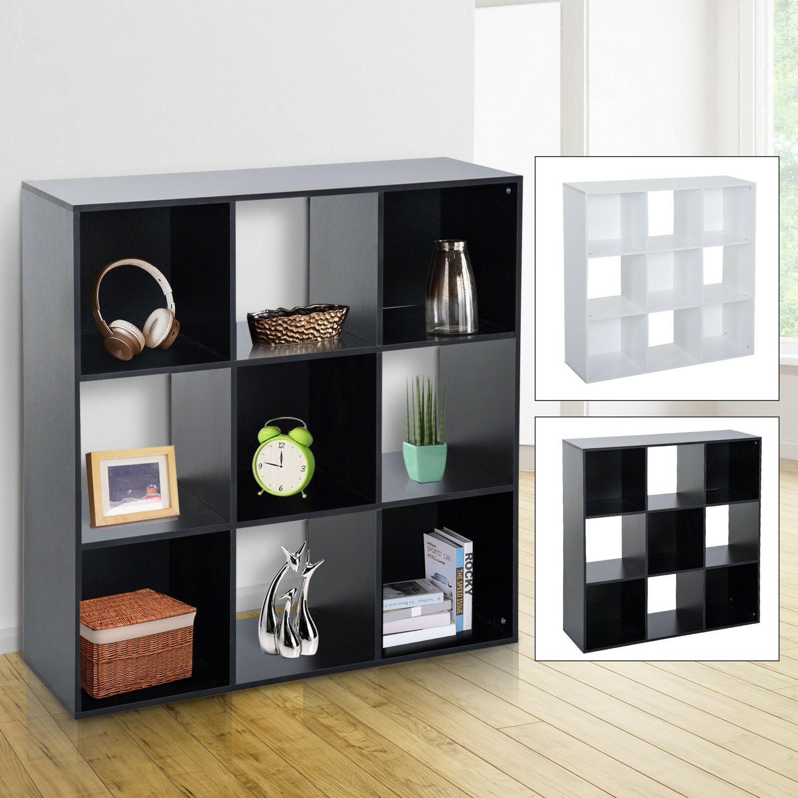 3-Tier Bookshelf Storage Cabinet Bookcase 9 Cubes Particle Board Home Office