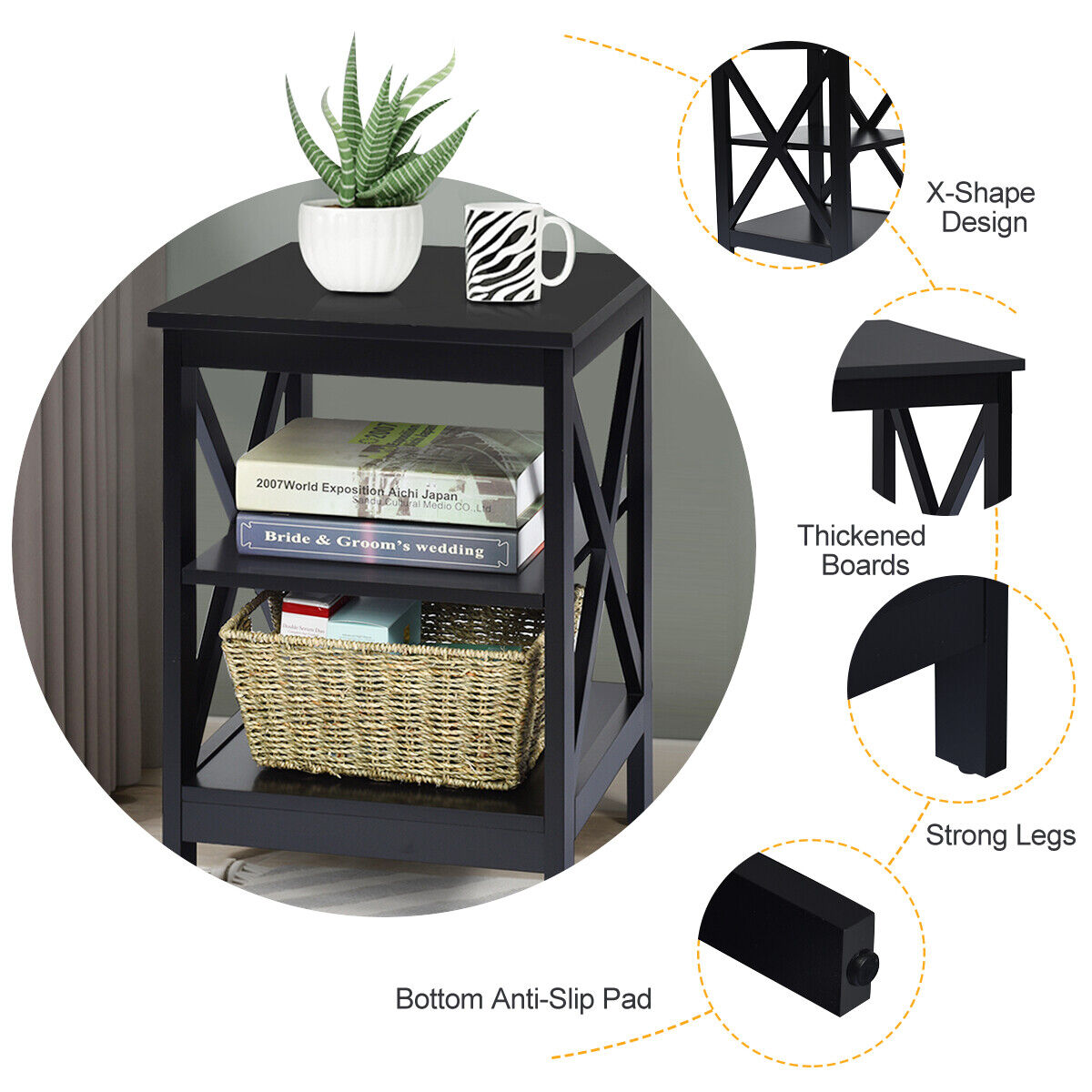 3-tiers Bedside Table X-design Nightstand End Table Wooden Bedroom Storage Table