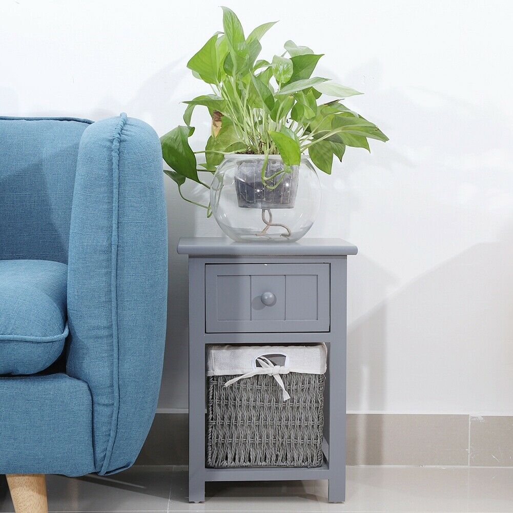 2 Pcs Wooden Bedside Table NightStand Cabinet Storage Drawer Wicker Basket Grey
