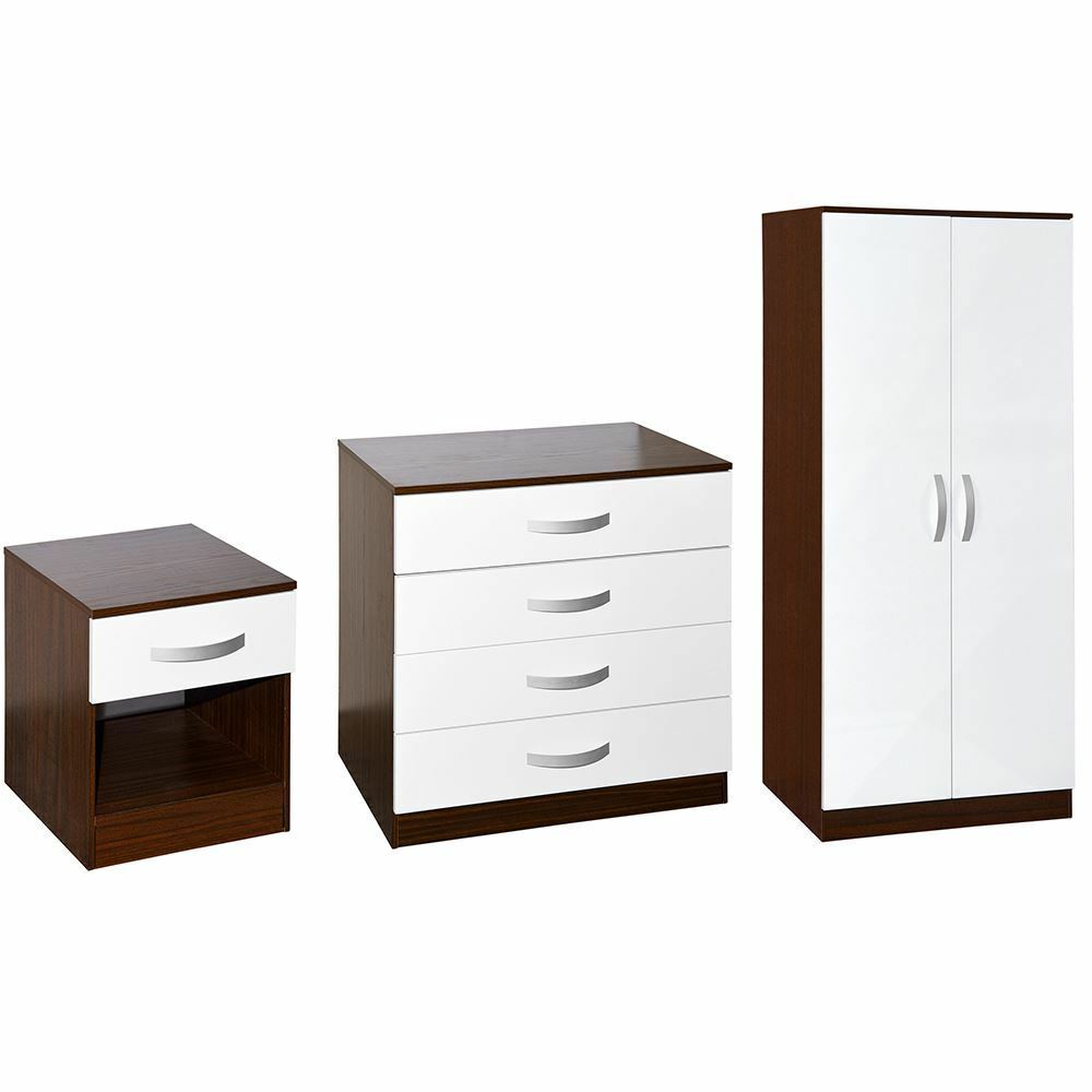 Drawer Chest Wardrobe Dressing Table High Gloss Bedroom Set White & Walnut