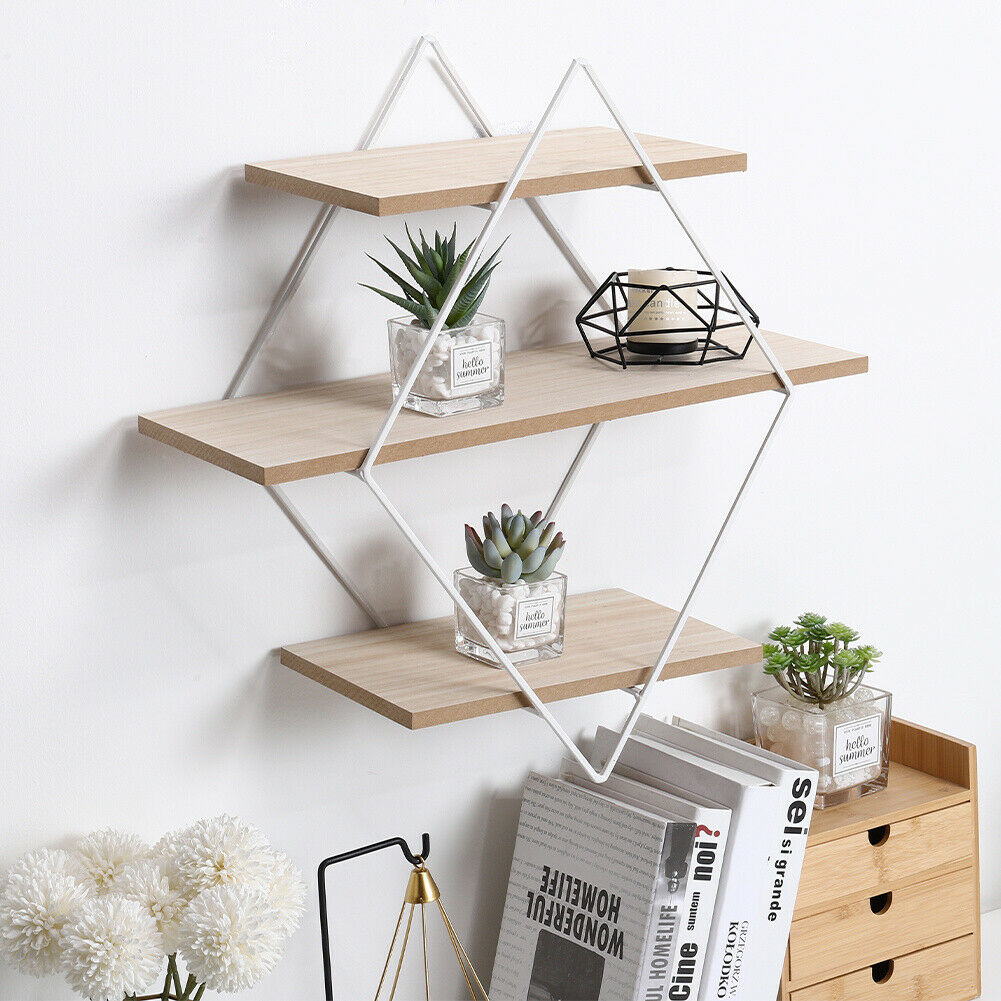 3 Tier Metal Wood Wall Mounted Shelf Home Office Diamond Display Shelving Rack