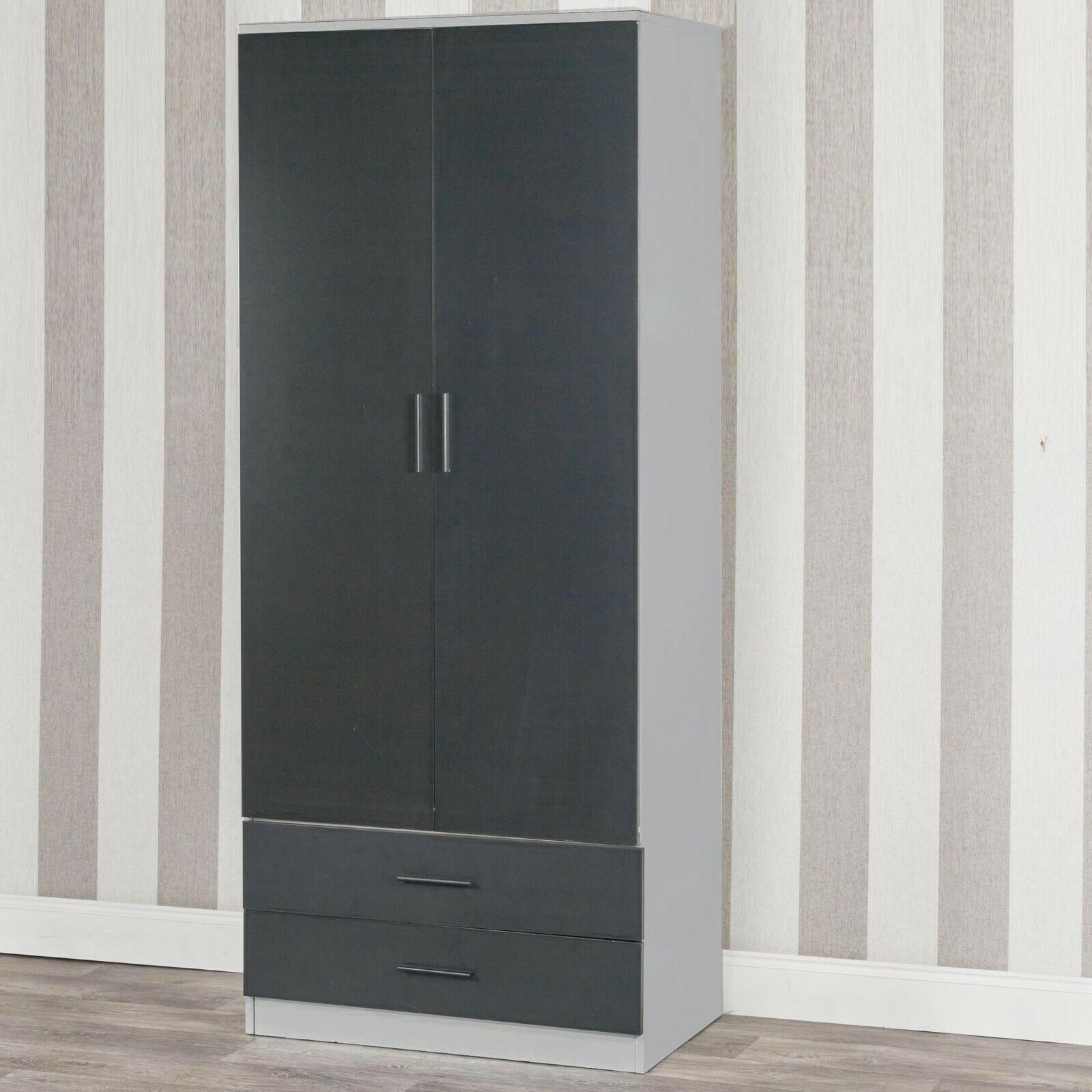 Tall Wooden 2 Door Wardrobe With 2 Drawers Bedroom Storage Hanging Bar Clothes