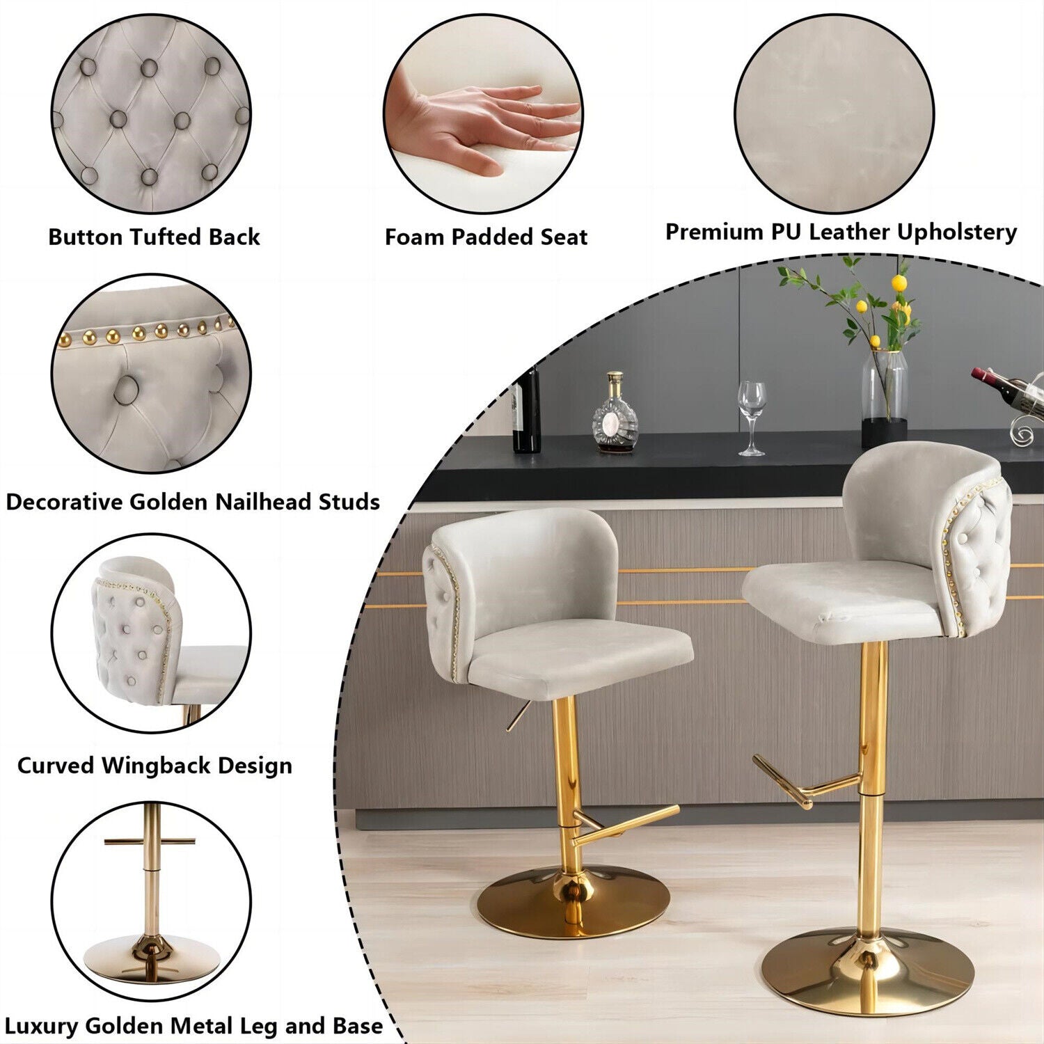 Modern Set of 2 Bar Stools 360° Swivel Swivel PU Leather Pub Bar Chairs Beige HT