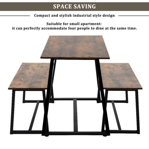 4-Seater Dining Table Set with 2 Benches Breakfast Kitchen Furniture Steel Frame