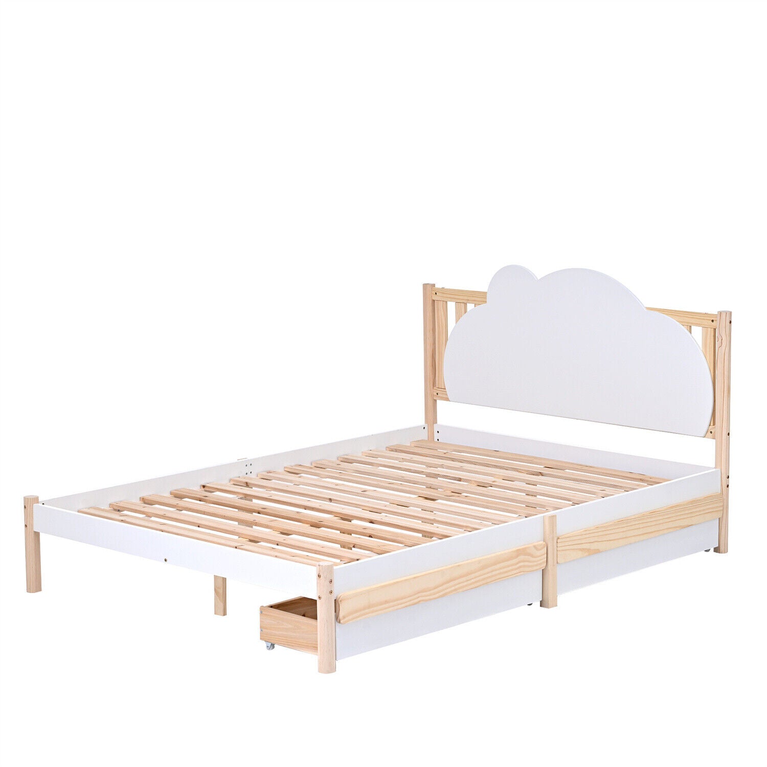 Wooden Bed Frame Storage Drawers 4ft6 Double Size Kids Bed with Cloud Headboard
