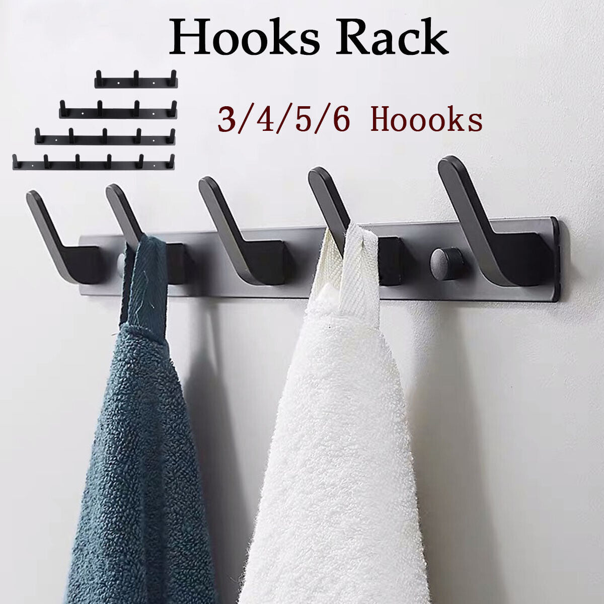 3/4/5/6 Hooks Coat Rack Key Hanger Wall Mounted Heavy Duty Metal Coat Hook Rail