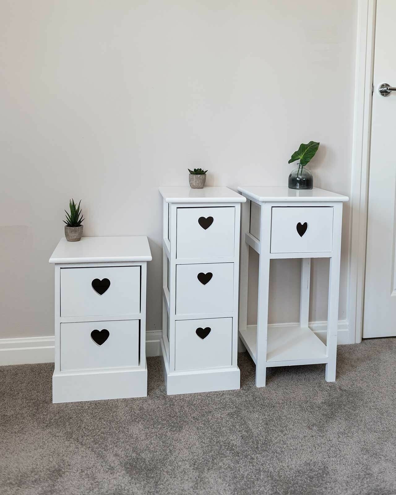 Pair Bedside Units White 3 Drawer Heart Cutout Chest Cabinets Side Table x2