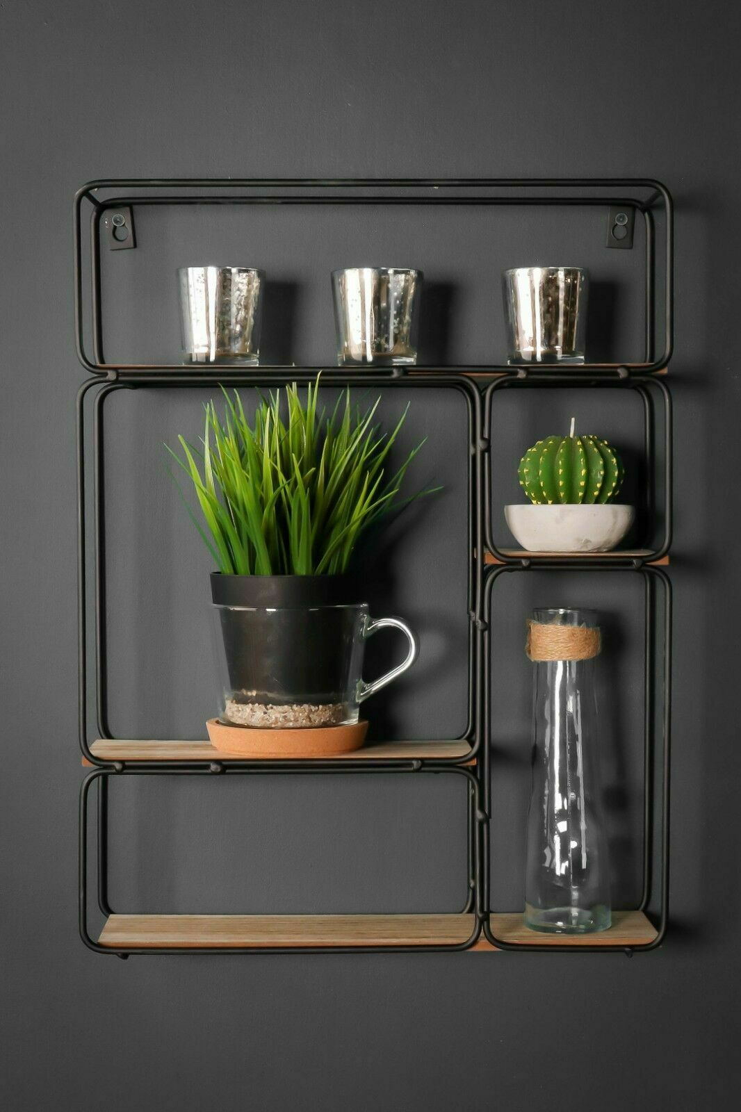 Retro Rectangle Industrial Style Wall Shelf Unit Metal Wood Storage Vintage