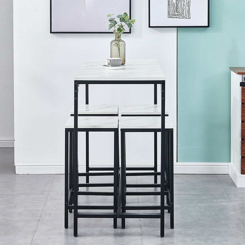 Bar Table and 4 Stools Set Breakfast Dining Table White Marble Effect Kitchen BN