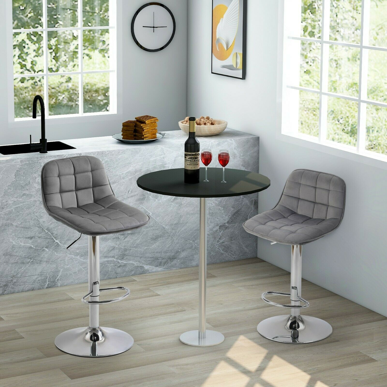 2×Bar Stools Leather / Velvet Chairs Breakfast Chair Swivel Gas Lift Adjustable