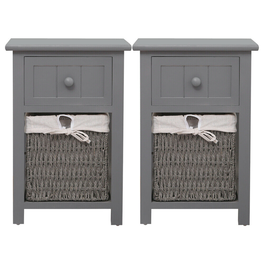 A Pair of Wooden Bedside Tables Storage Drawer Wicket Baskets Nightstand Cabinet