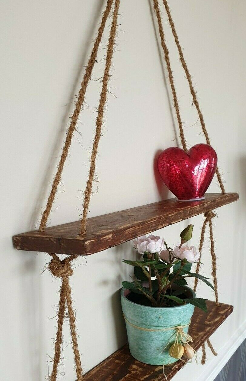 Rustic Vintage Shelves Handmade Wooden Natural Wood Floating Hanging Rope Shelf