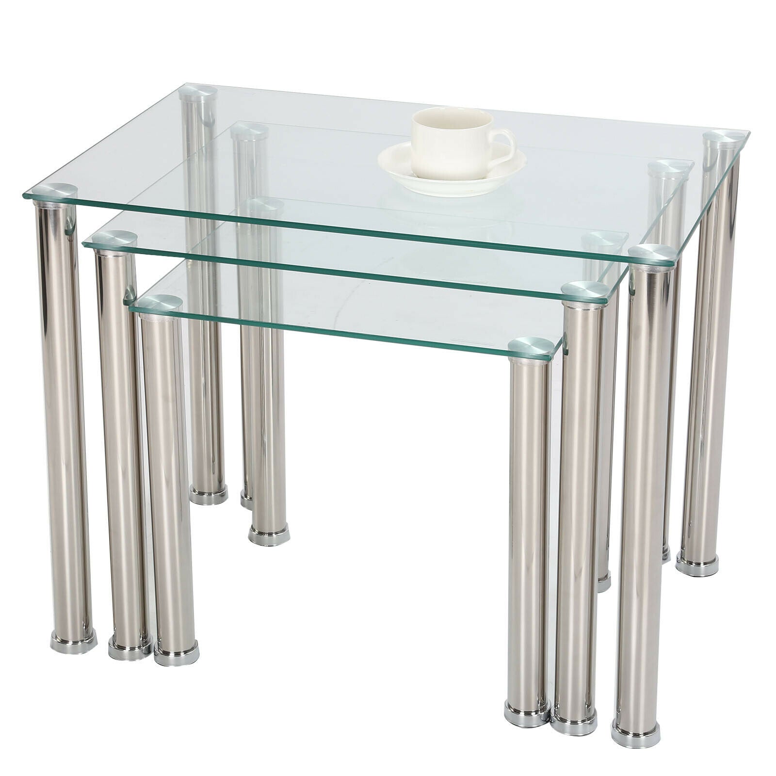 Nest of 3 Coffee Tables Black Glass glass nest tables Side End Tables Metal Legs