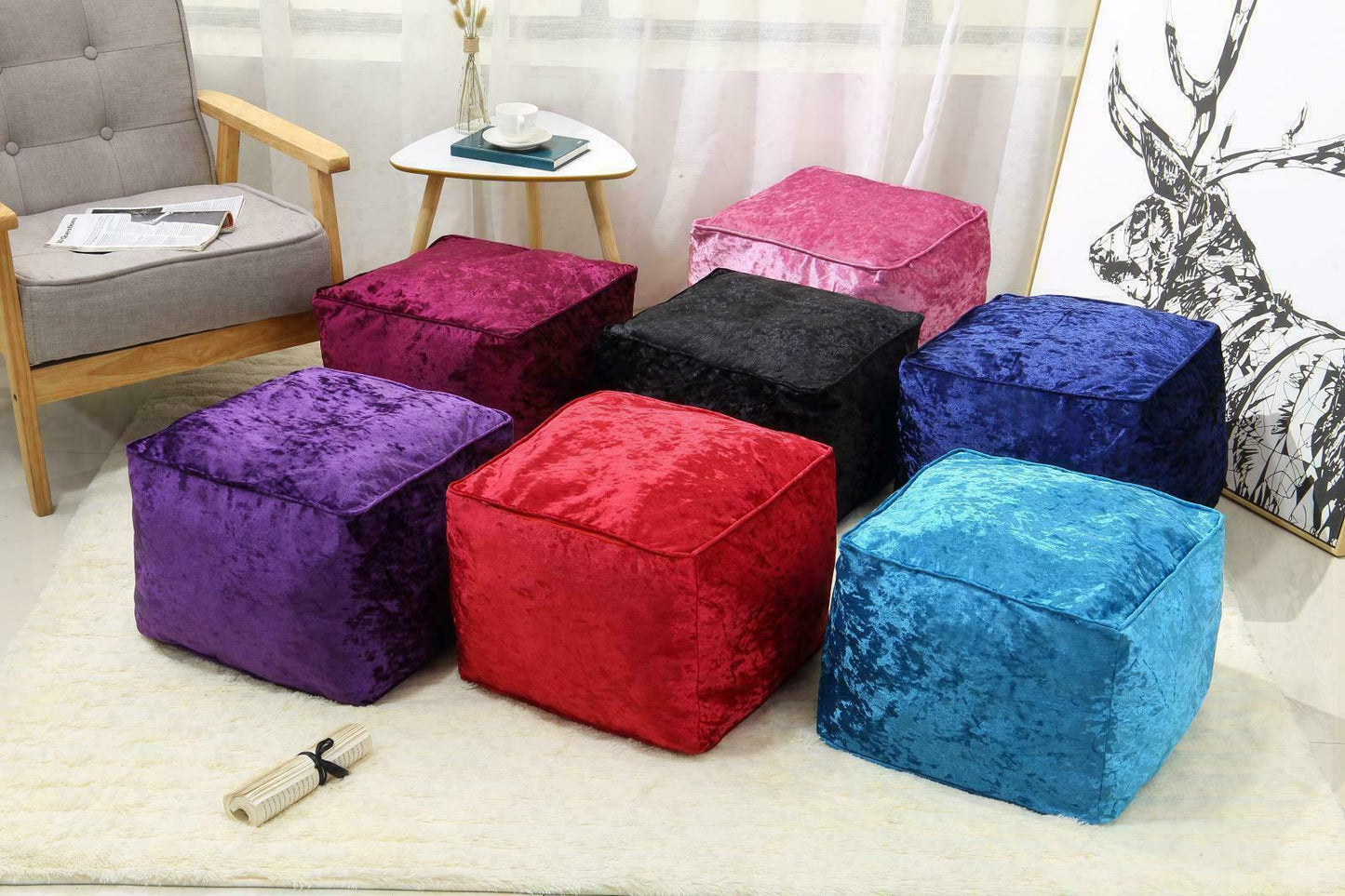 NEW LUXURY CRUSHED VELVET SOFT BEAN BAG CUBE FOOT STOOL REST POUFFE OTTOMAN