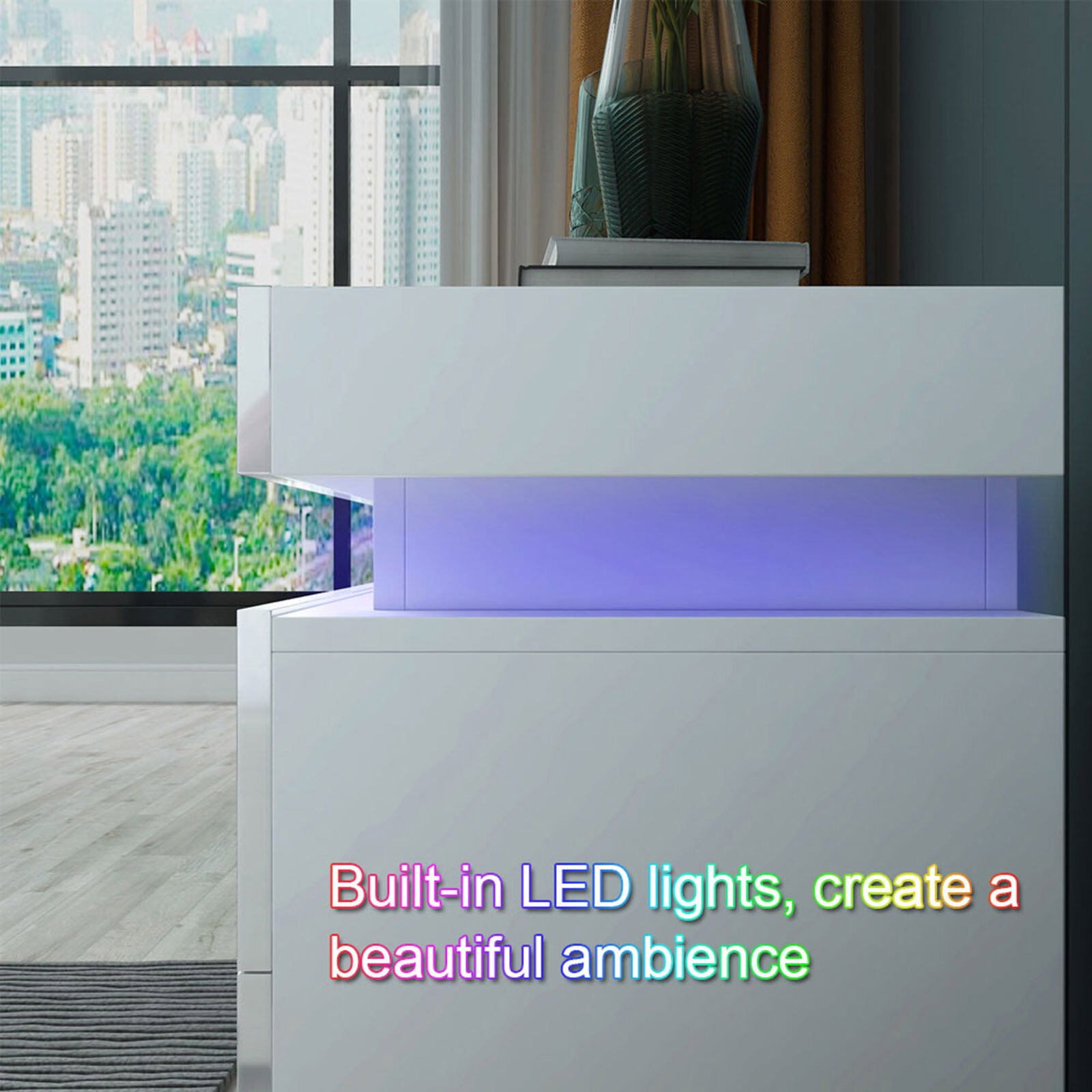 White LED Light Bedside Table Nightstand Cabinet High Gloss 2 Drawers Flip Cover