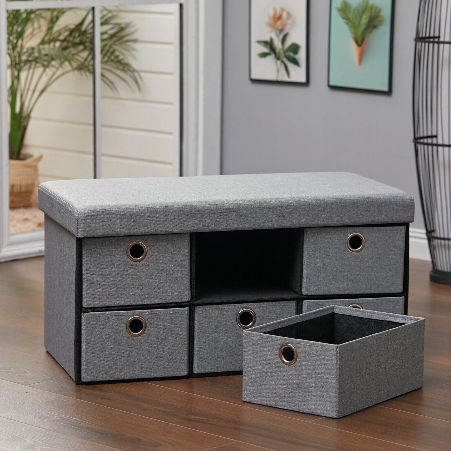 Linen Storage Stool Trunk Ottoman Pouffe Seat Footstool Chair Rect Box ChestGrey