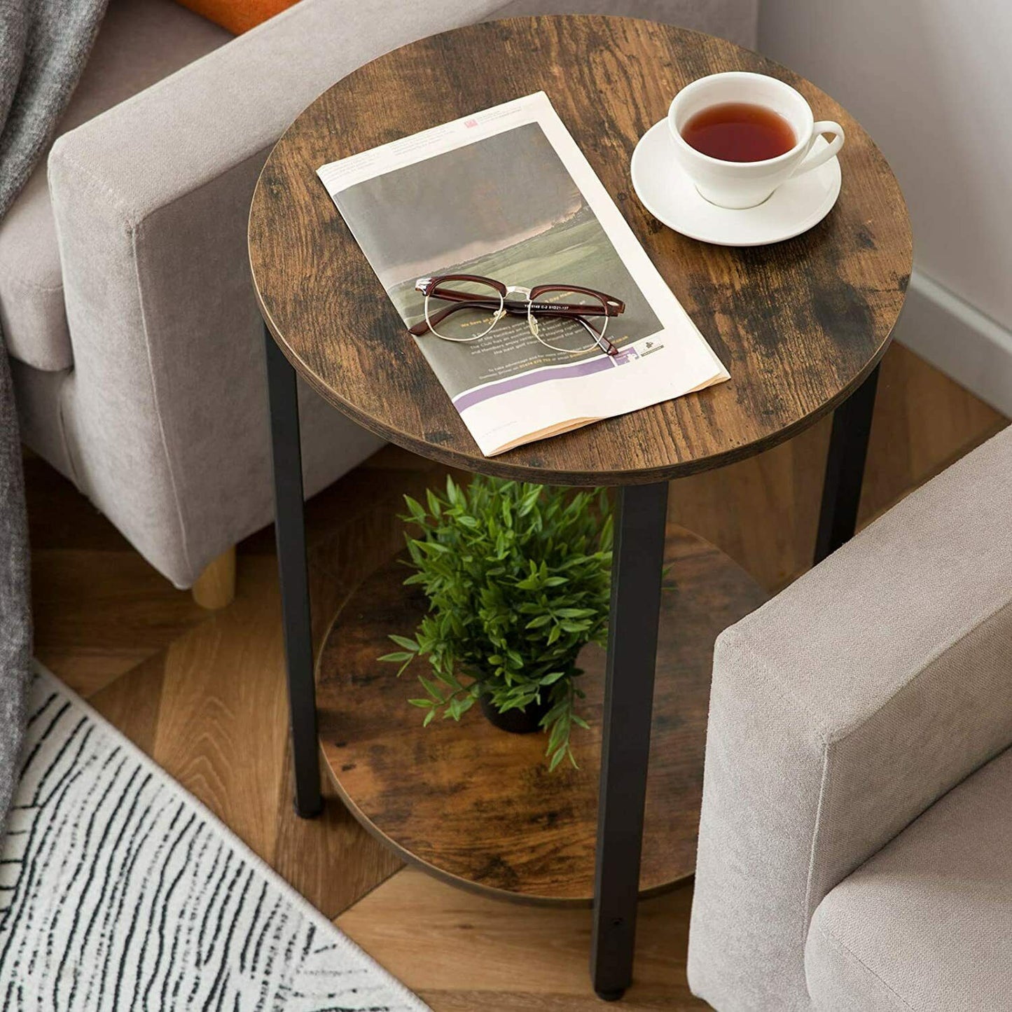 HOOBRO Round Side Table End Table Bedside Table 2-Layer Sofa Table Living Room