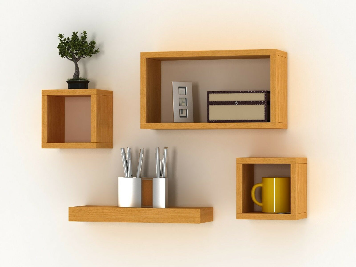 Set Of 4 Wooden Floating Cube Shelves Wall Hanging Storage Display Deco Shelving