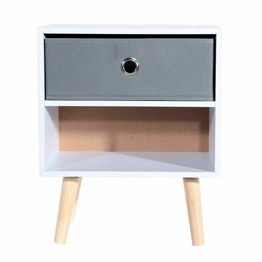 Bedside Table Cabinet Bedroom Storage Nightstand with 1 Fabric Drawer Wooden Leg