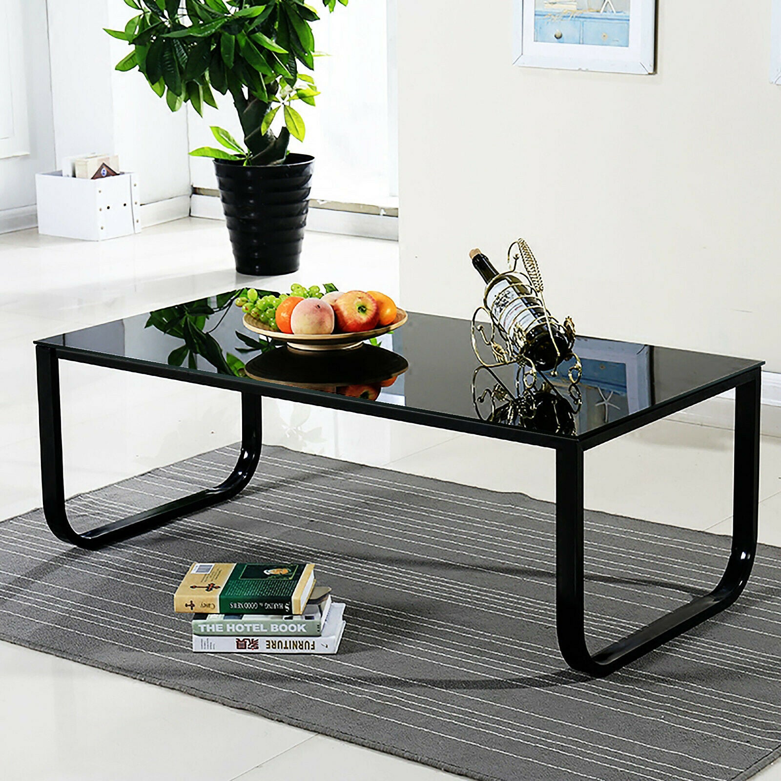 Modern Glass Coffee Table Black Rainbow Side Table Black Metal Legs Living Room