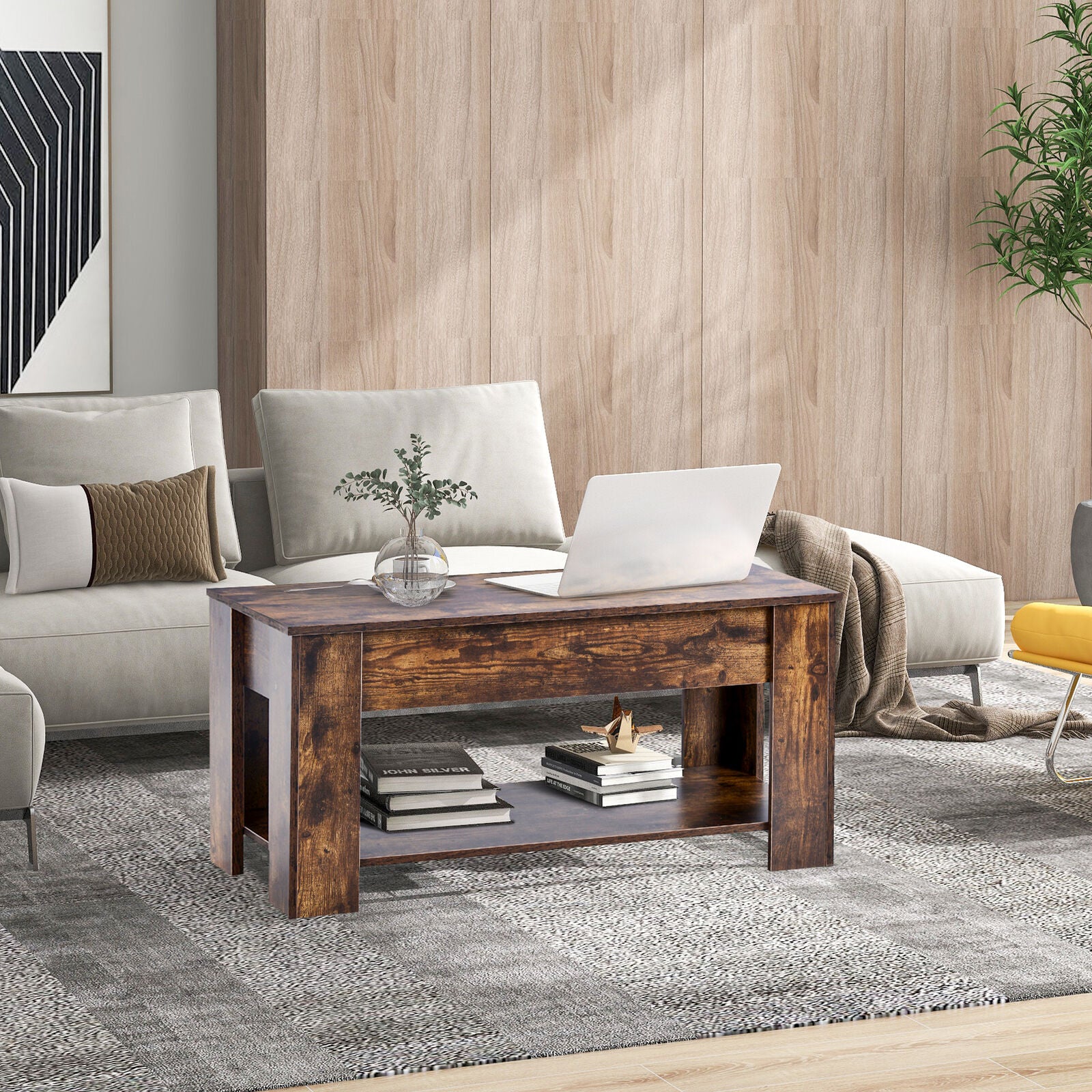 2 Tier Coffee Table With Lift Up Top Wood Living Room Sofa Table Storage Shelf