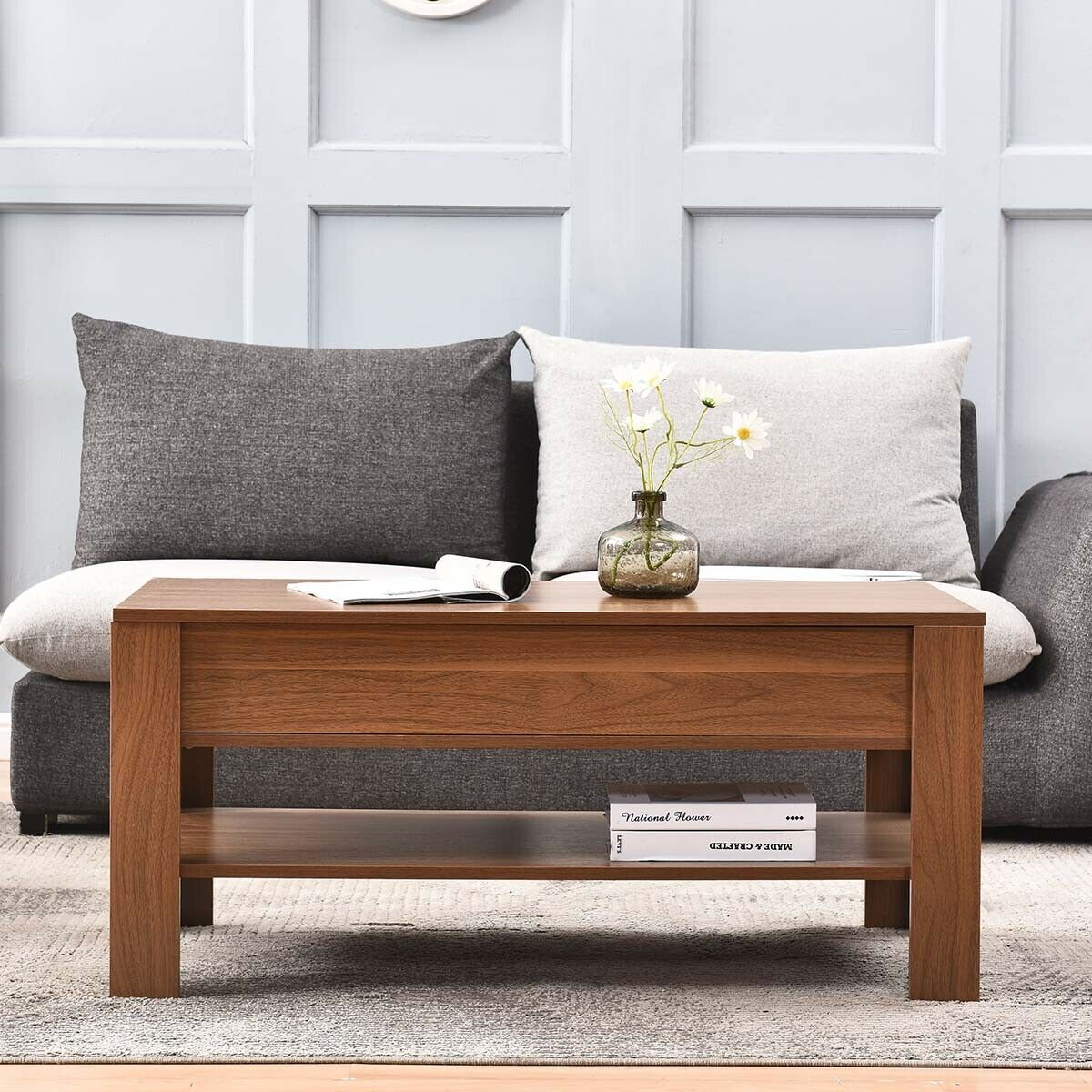 Wood Coffee Table For Living Room with Hidden Storage Lift-Top Table for Home